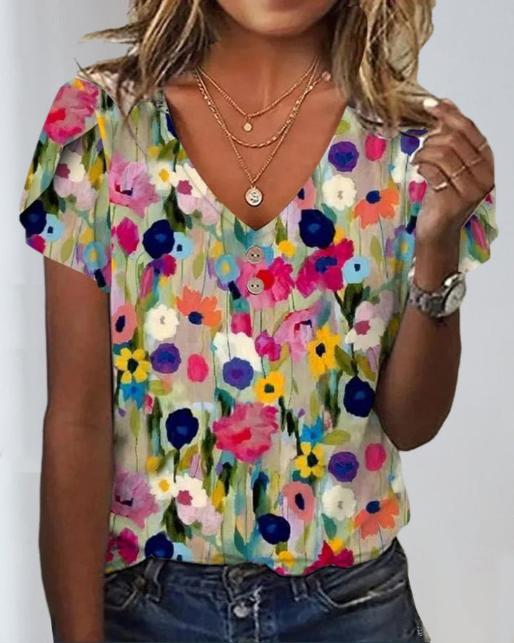 Kurzärmlige Farbenfrohe Blumenbluse mit V-Ausschnitt – Élovi