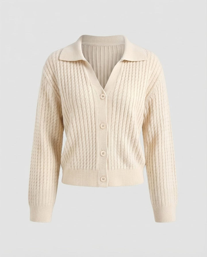 Damen Cropped Zopfstrick-Cardigan mit Hemdkragen und Ballonärmeln Echoarchiv