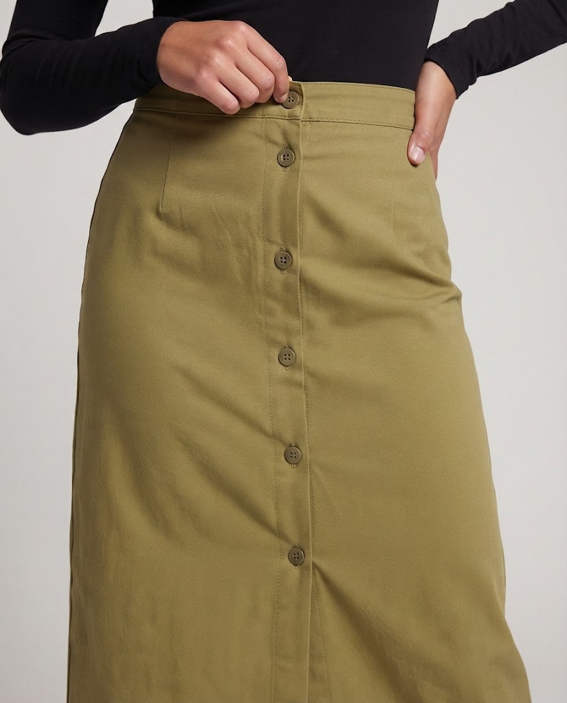 Damen Hochtaillierter gerader Midirock mit durchgehender Knopfleiste und Frontschlitz Echo Archiv
