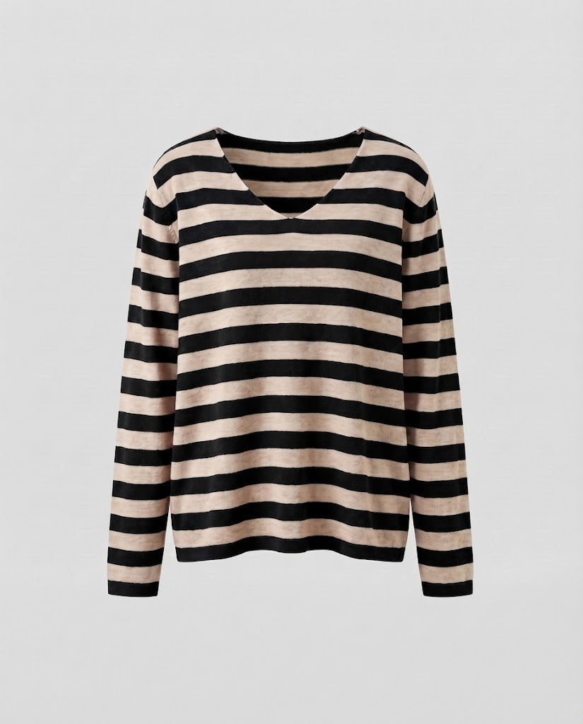 Damen Gestreifter Feinstrickpullover mit V‑Ausschnitt und lässiger Oversize‑Passform Echoarchiv