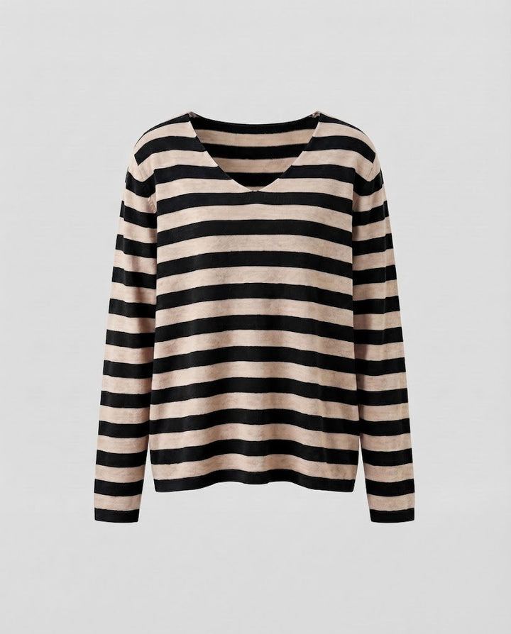 Damen Gestreifter Feinstrickpullover mit V‑Ausschnitt und lässiger Oversize‑Passform Echoarchiv
