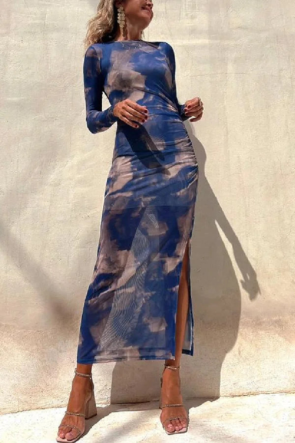 Echoarchiv | Charm Lady Mesh Overlay Tie Dye Print Langarm Rüsch Stretch Midi Kleid