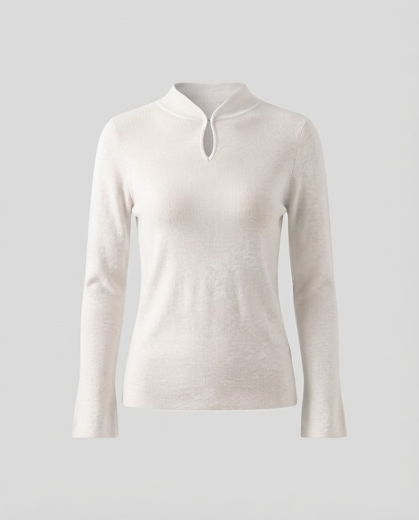 Damen Feinstrick-Longsleeve mit kurzem Stehkragen Schlitzknopf und ausgestelltem Ärmelsaum Echoarchiv