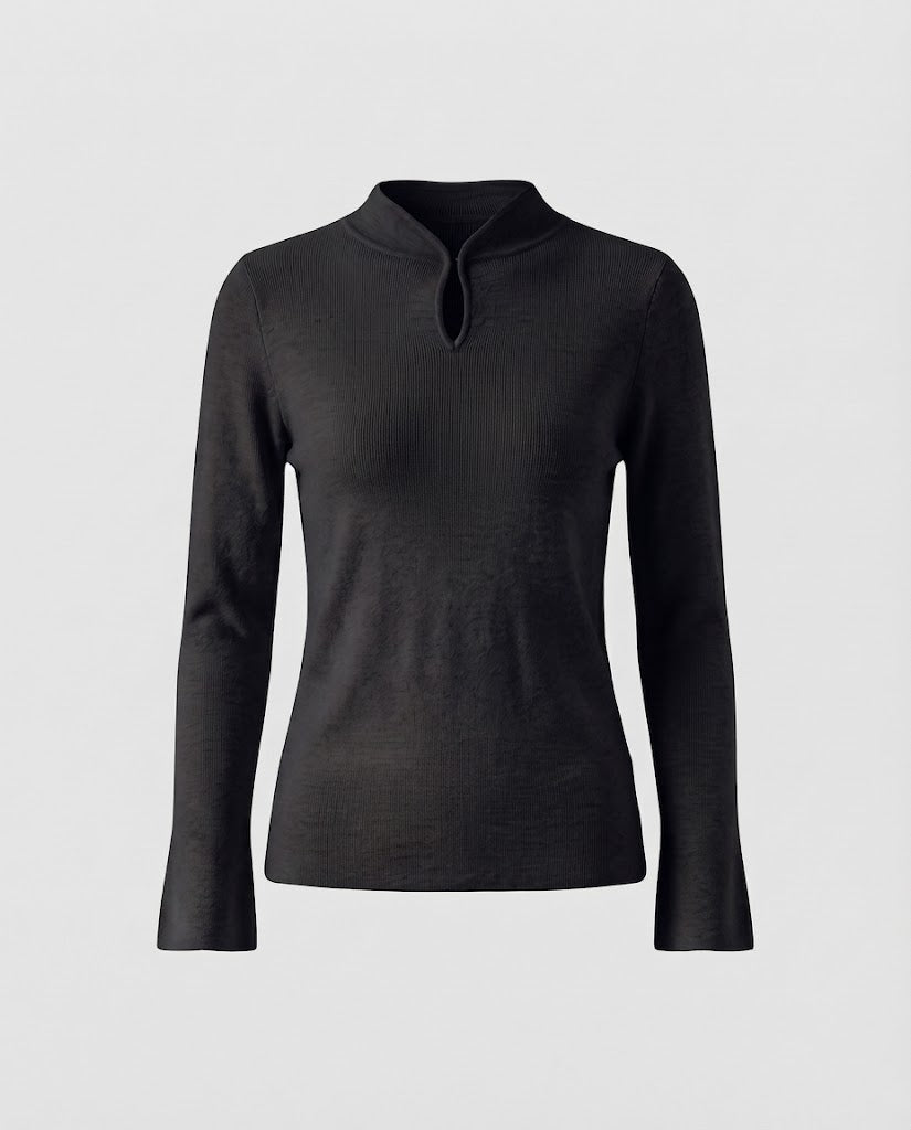 Damen Feinstrick-Longsleeve mit kurzem Stehkragen Schlitzknopf und ausgestelltem Ärmelsaum Echoarchiv