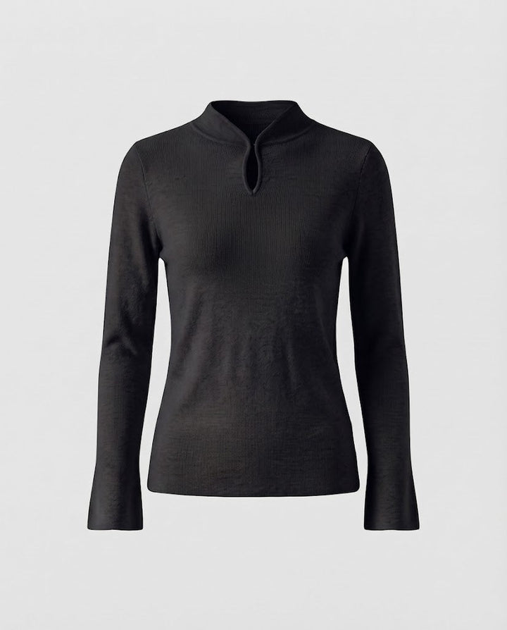 Damen Feinstrick-Longsleeve mit kurzem Stehkragen Schlitzknopf und ausgestelltem Ärmelsaum Echoarchiv