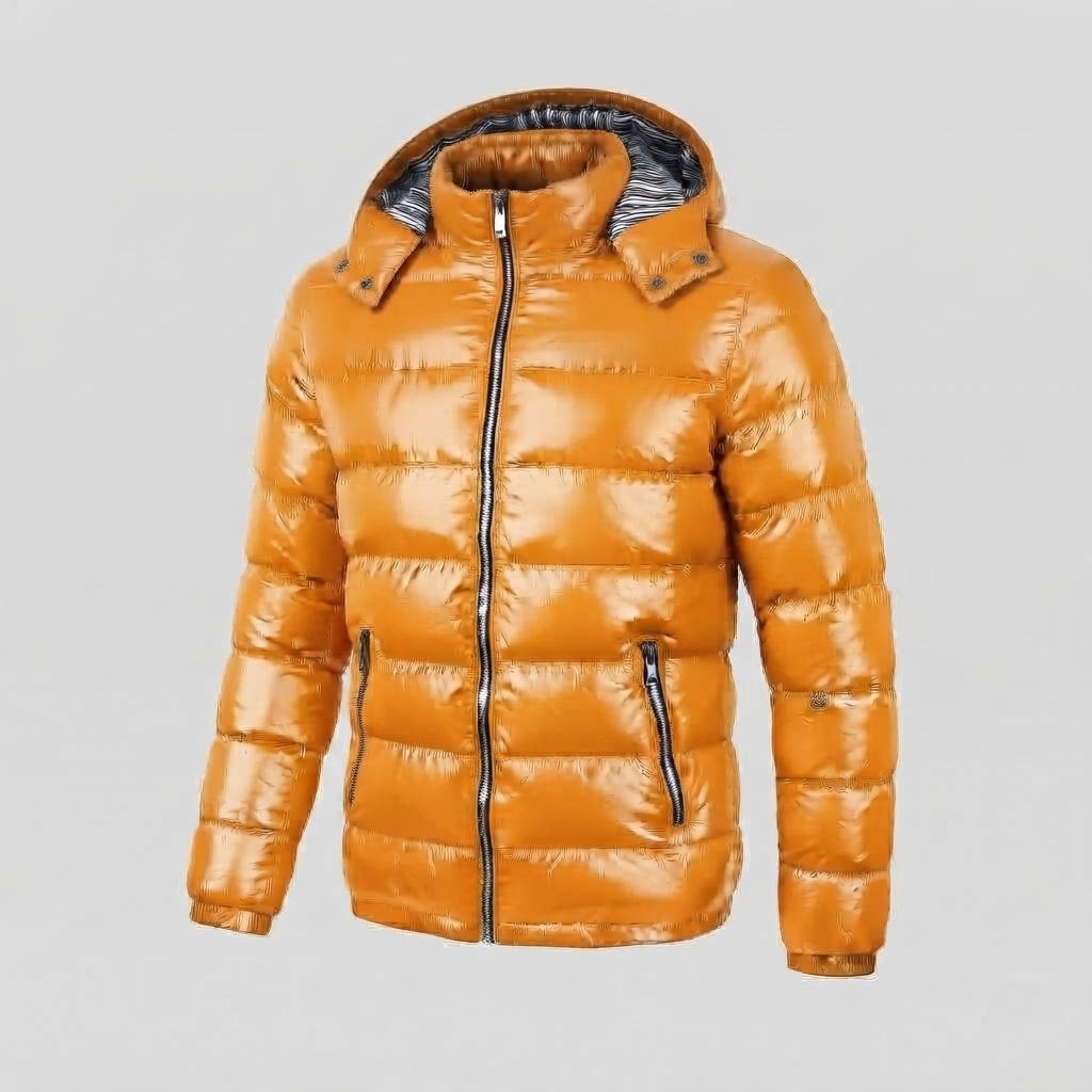 Herren Glänzende Steppjacke mit Kapuze, Gestreiftem Innenfutter & Kontrastreißverschlüssen Echoarchiv