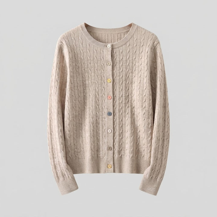 Damen Feinstrick-Cardigan mit Zopfmuster und bunten Knöpfen Echoarchiv