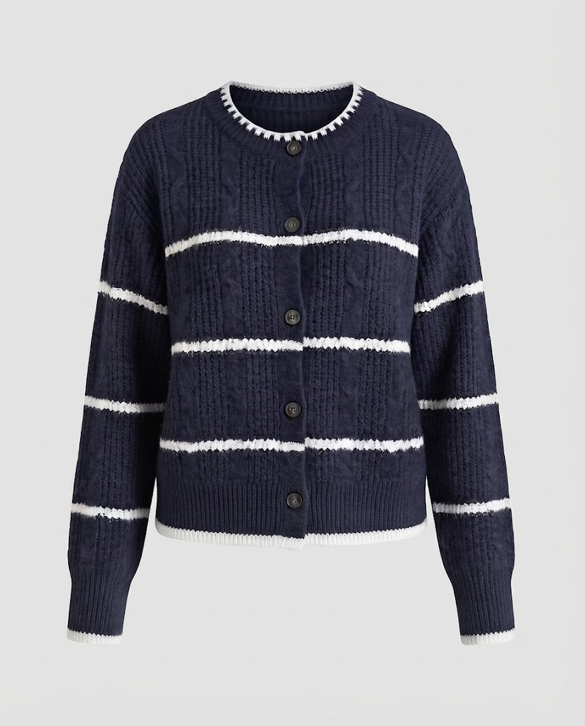 Damen Grobgestrickte Knopf-Cardigan mit Streifenstruktur und Rundhalsausschnitt Echo Archiv