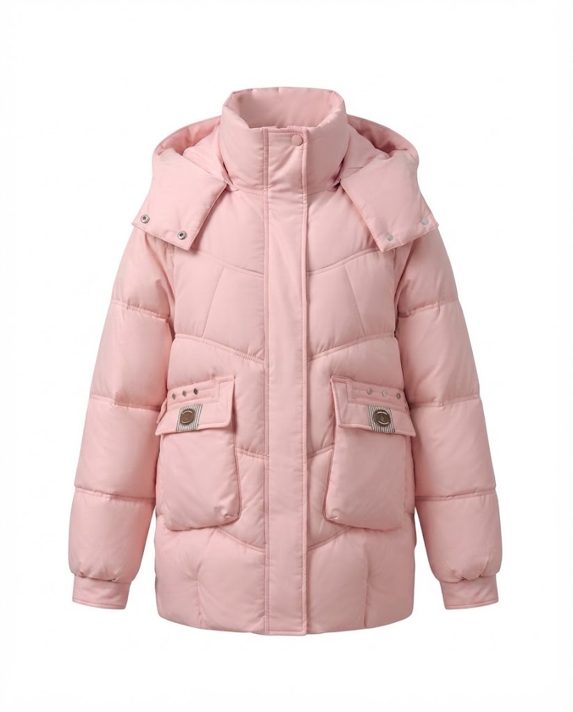 Damen mid-long gepolsterte Parka mit hohem Stehkragenklappe, verstaubarem Kapuze und großen Cargo-Taschen