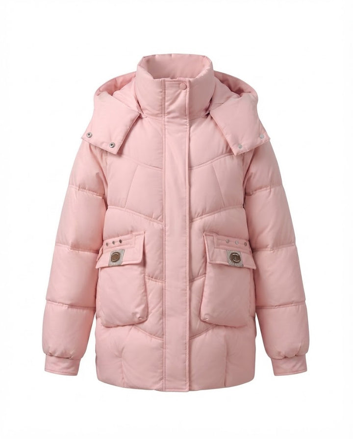 Damen mid-long gepolsterte Parka mit hohem Stehkragenklappe, verstaubarem Kapuze und großen Cargo-Taschen