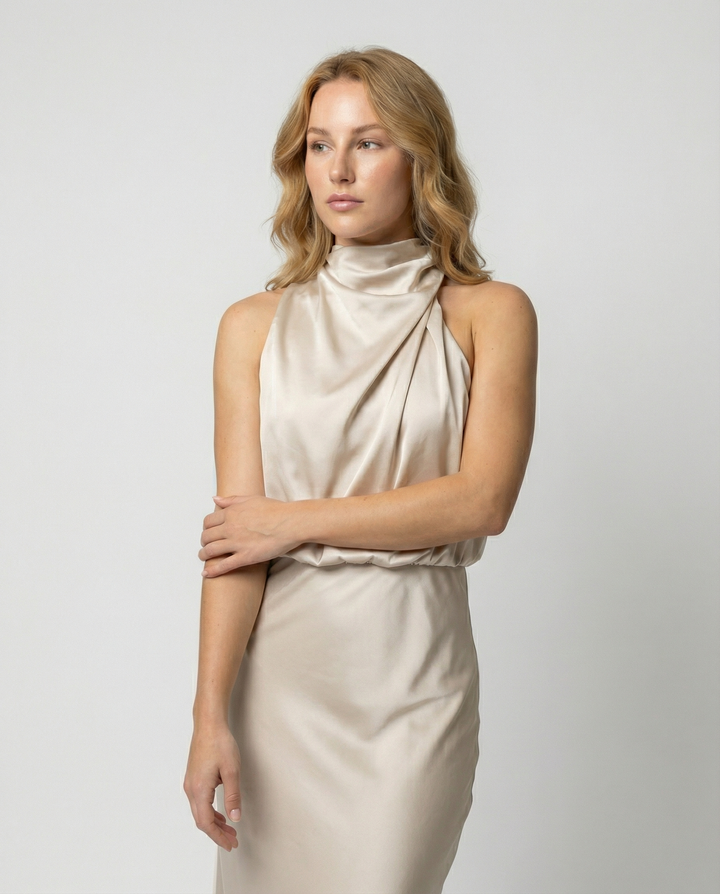 Glänzendes Langes Abendkleid mit Elegantem Schnitt | Echoarchiv