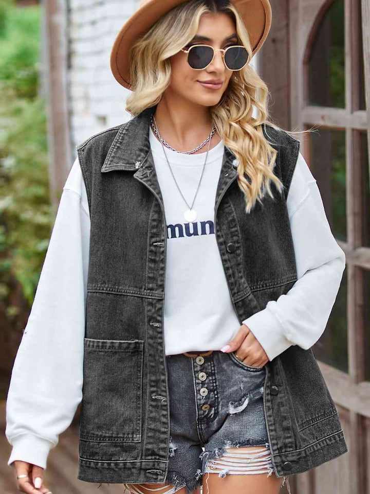 Knopf-Front Ärmellose Jeansjacke – Célinea
