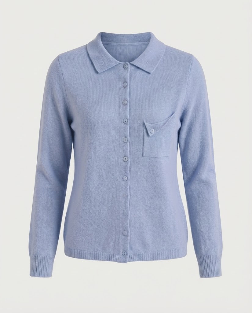 Damen Feinstrick-Cardigan mit Polokragen, 3/4-Arm und dezenter Brusttasche Echoarchiv