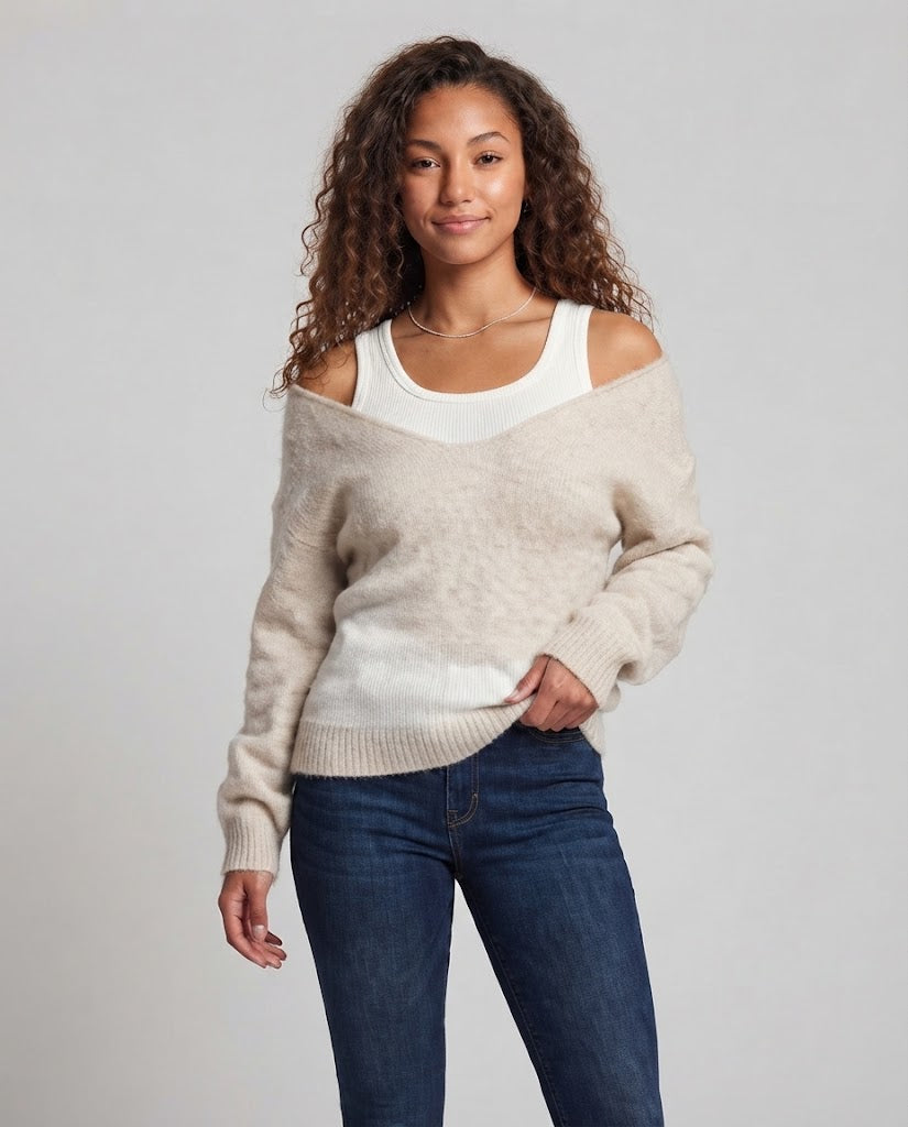 Damen Oversize Strickpullover mit Ein‑Schulter‑Layering und flauschiger Mohairoptik Echo Archiv