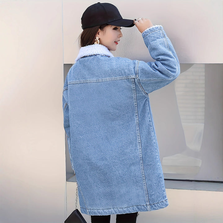 Gefütterte Jeansjacke mit Lammfell-Optik, mittellang
