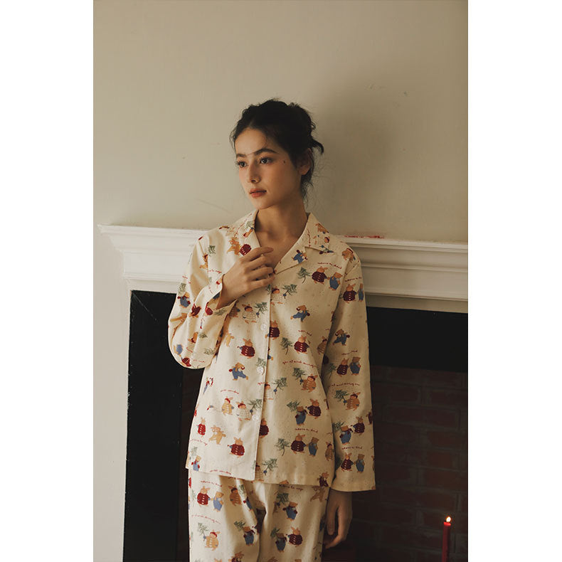 Damen-Pyjama-Set, Baumwolle, gebürstet, Weihnachts-Hasen-Druck