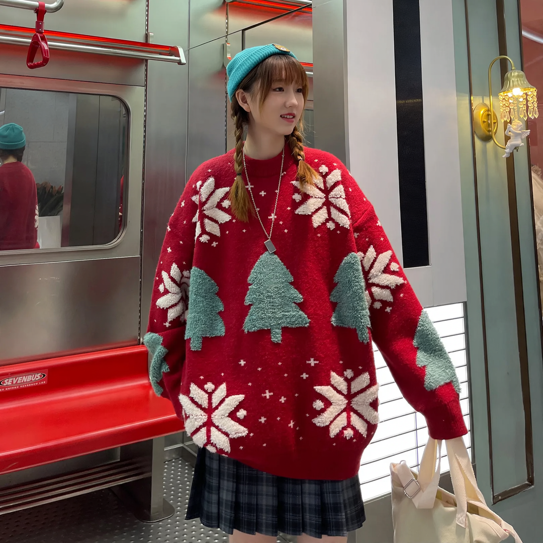 Lockerer Weihnachts-Strickpullover mit Rentier-Motiv