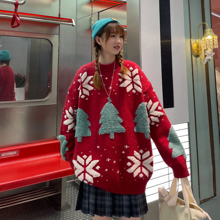 Lockerer Weihnachts-Strickpullover mit Rentier-Motiv