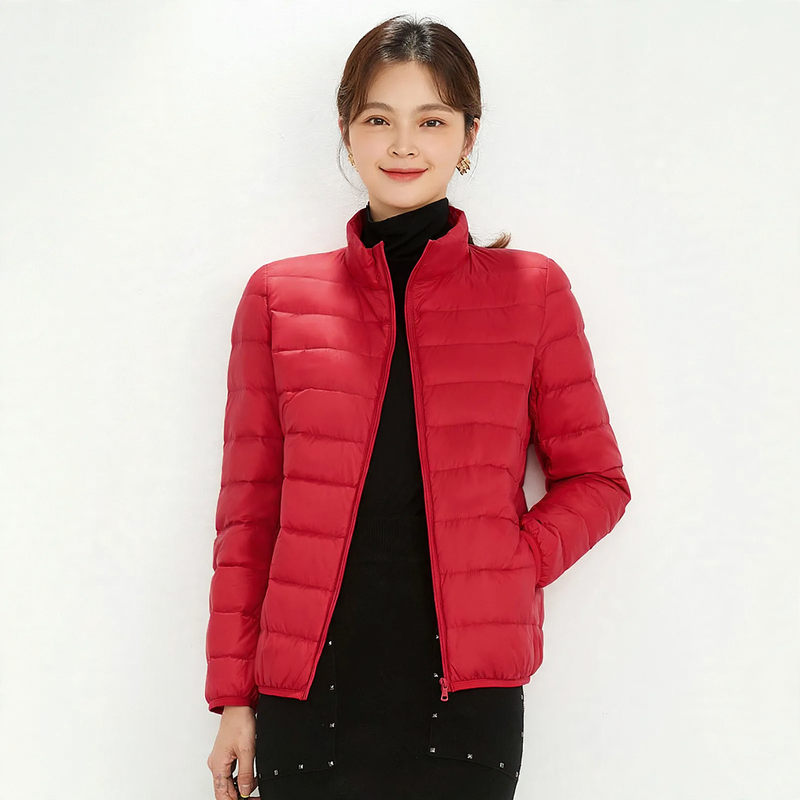 Leichte Daunenjacke für Damen, Stehkragen, weiß, Entendaune