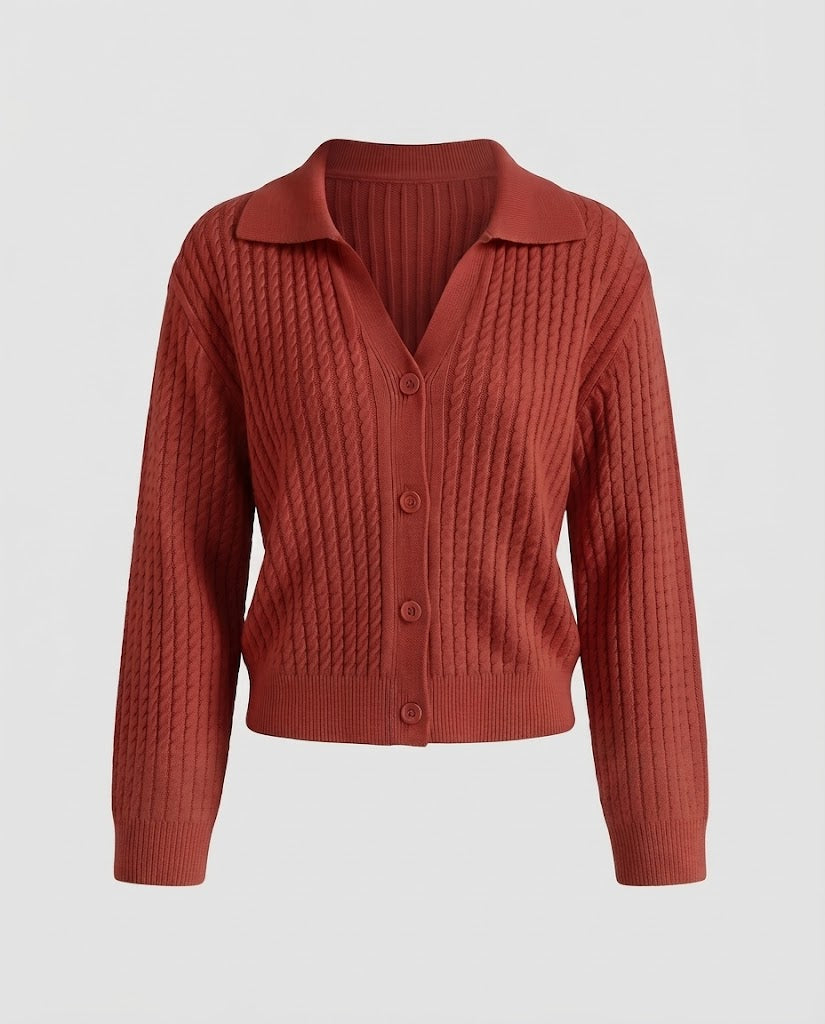 Damen Cropped Zopfstrick-Cardigan mit Hemdkragen und Ballonärmeln Echoarchiv