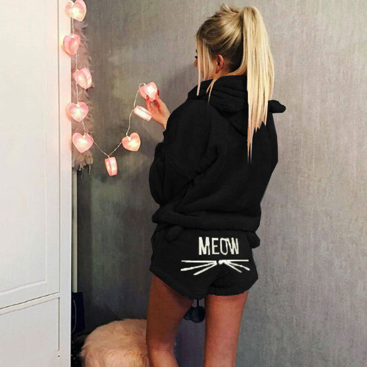 Damen nan kuscheliges zweiteiliges Lounge-Set mit Kapuzenpullover und Shorts mit MEOW-Stickerei Echo Archiv