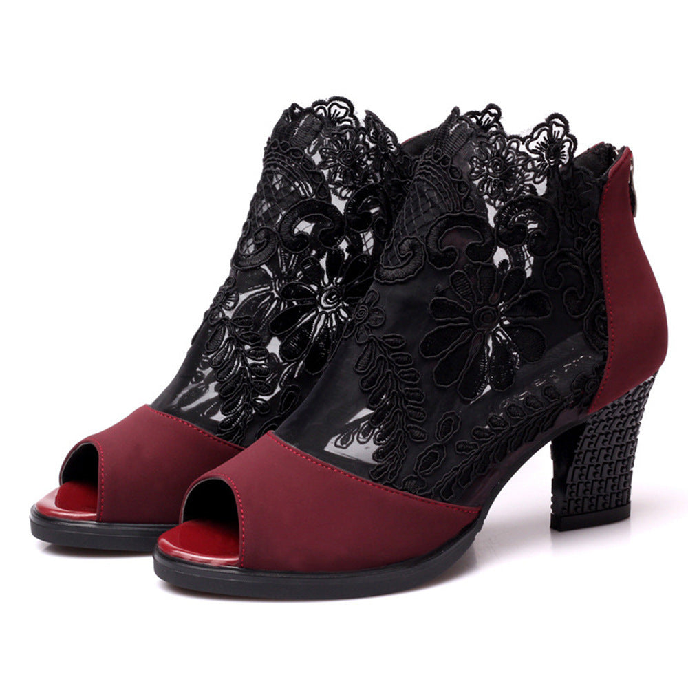 Damen nan Stiefelette mit offenem Zehenbereich, Spitzenobermaterial, floraler Stickerei und komfortablem Blockabsatz Echo Archiv