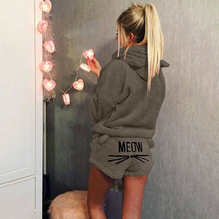 Damen nan kuscheliges zweiteiliges Lounge-Set mit Kapuzenpullover und Shorts mit MEOW-Stickerei Echo Archiv