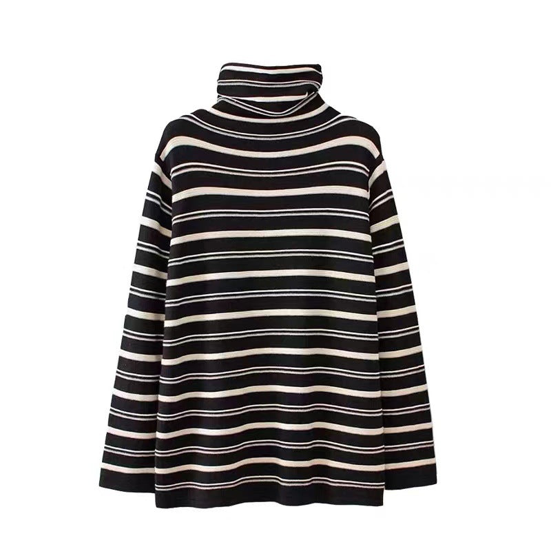 Damen-Langarmshirt mit Stehkragen und Streifenmuster