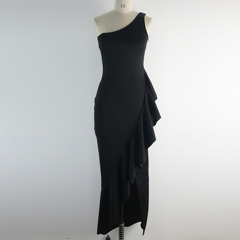 Damen elegantes asymmetrisches Maxikleid mit Rüschen und Schlitz Echo Archiv