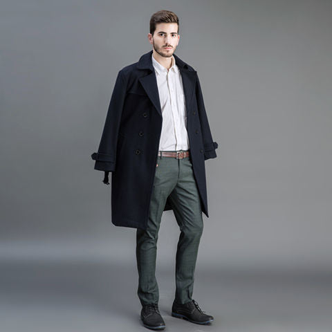 Herren Wollmantel im Trench-Look mit doppelter Knopfleiste und Schalkragen Echoarchiv