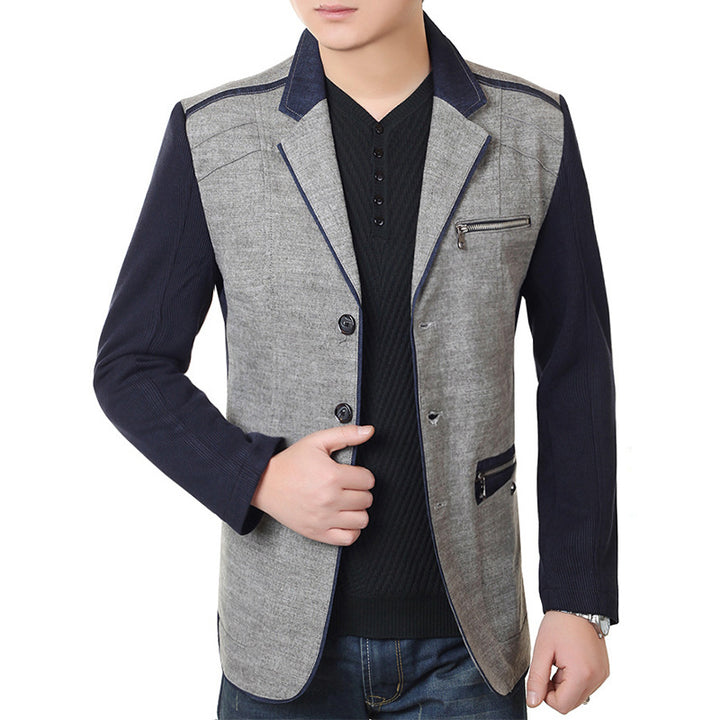 Herren Sakko im Materialmix mit kontrastierenden Ärmeln, Zierreißverschluss und modernem City-Schnitt – Tianoro