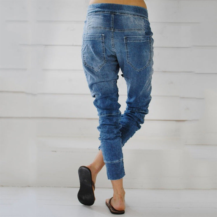 Damen lässige Denim-Haremshose mit Gummizug und tiefem Schritt Echoarchiv
