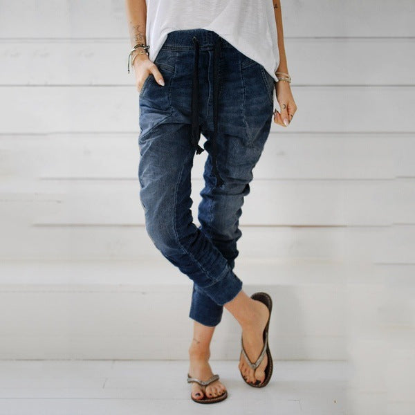 Damen lässige Denim-Haremshose mit Gummizug und tiefem Schritt Echoarchiv