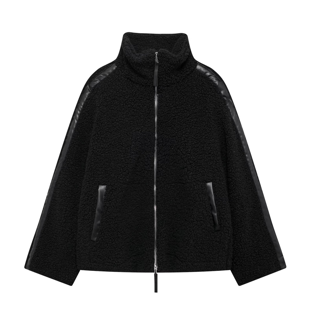 Damen-Teddyfleece-Jacke, Stehkragen, Reißverschluss, Oversized