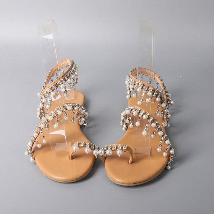 Damen nan opulente Perlen-Riemchensandalette mit hängender Schmuckborte, filigraner Zehenlasche und gepolstertem Komfortfußbett Echo Archiv