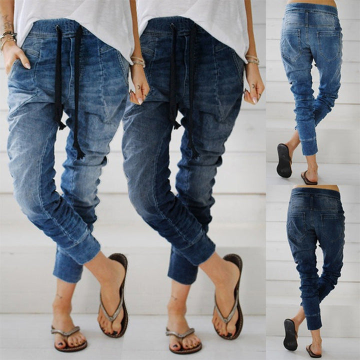 Damen lässige Denim-Haremshose mit Gummizug und tiefem Schritt Echoarchiv