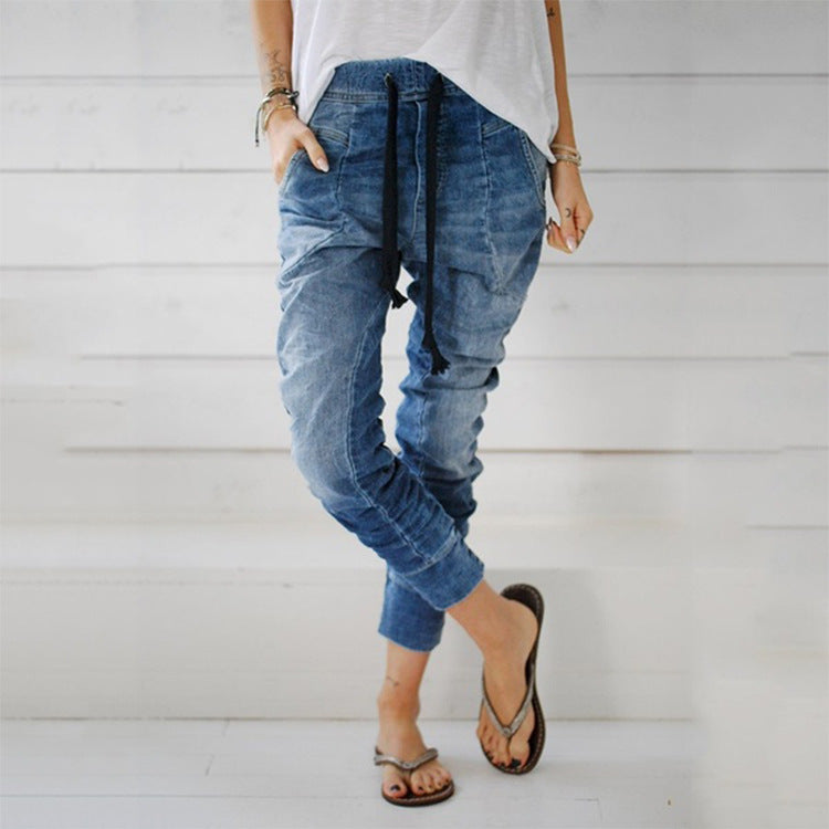 Damen lässige Denim-Haremshose mit Gummizug und tiefem Schritt Echoarchiv