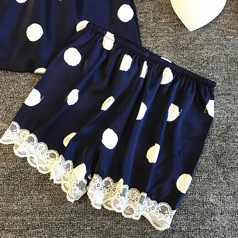 Damen Satin Schlafanzug mit Spitze und Punkten Echo Archiv