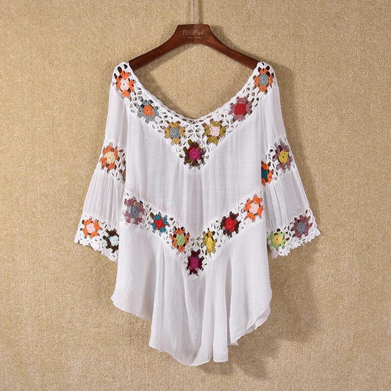 Damen Häkelbluse mit bunten Floral-Applikationen Echo Archiv