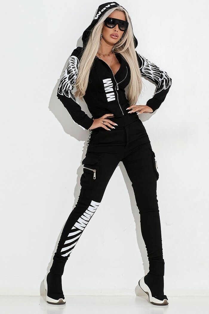 Damen nan stylisches zweiteiliges Kapuzen-Set mit tailliertem Reißverschluss-Hoodie und Cargo-Jogginghose Echo Archiv