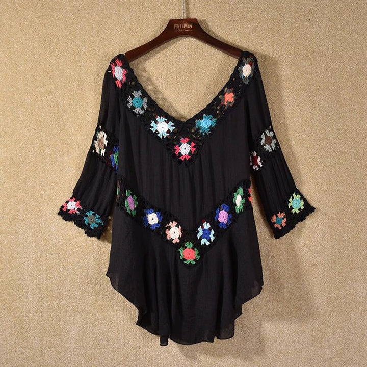 Damen Häkelbluse mit bunten Floral-Applikationen Echo Archiv