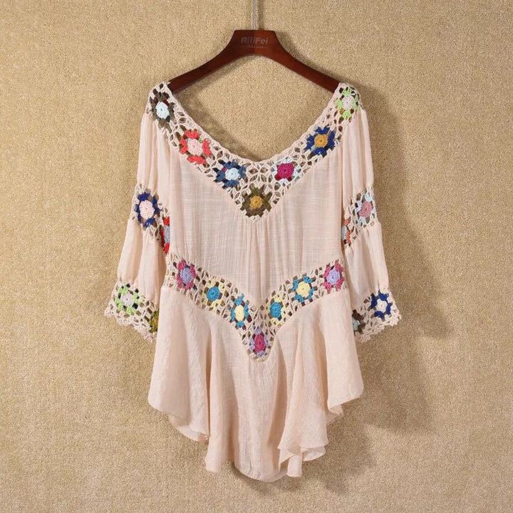 Damen Häkelbluse mit bunten Floral-Applikationen Echo Archiv