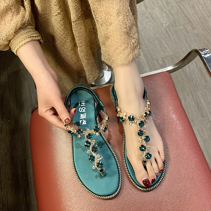 Damen nan flache T-Riemen-Sandalette mit funkelnder Schmuckkette, elastischem Fersenband und gepolstertem Fußbett Echo Archiv