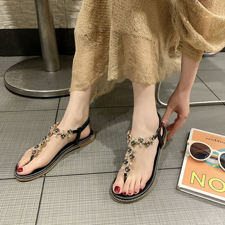 Damen nan flache T-Riemen-Sandalette mit funkelnder Schmuckkette, elastischem Fersenband und gepolstertem Fußbett Echo Archiv