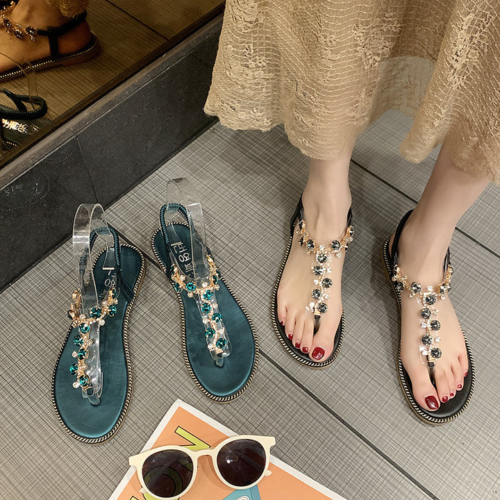 Damen nan flache T-Riemen-Sandalette mit funkelnder Schmuckkette, elastischem Fersenband und gepolstertem Fußbett Echo Archiv