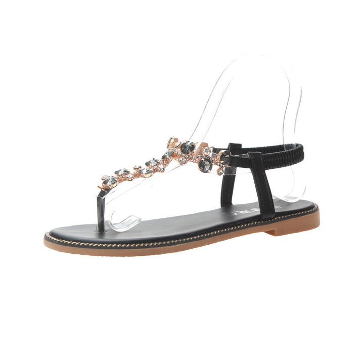 Damen nan flache T-Riemen-Sandalette mit funkelnder Schmuckkette, elastischem Fersenband und gepolstertem Fußbett Echo Archiv