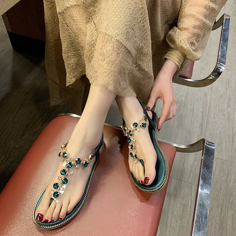 Damen nan flache T-Riemen-Sandalette mit funkelnder Schmuckkette, elastischem Fersenband und gepolstertem Fußbett Echo Archiv