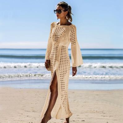 Damen Häkel-Strandkleid mit tiefem V-Ausschnitt und voluminösen Ärmeln Echo Archiv