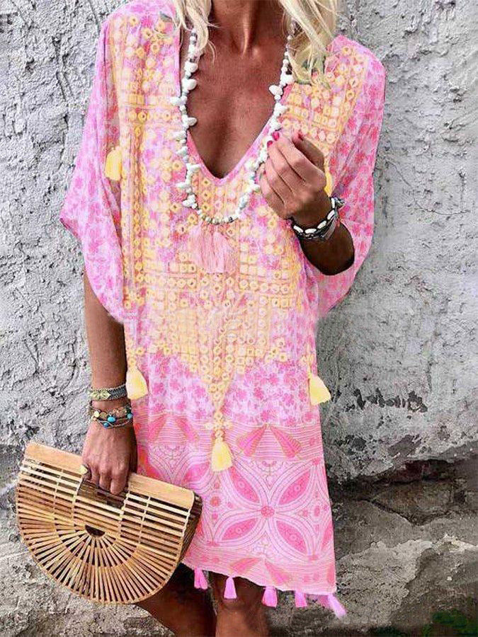 Damen Boho-Chic Kaftan mit V-Ausschnitt und Tassel-Details Echoarchiv