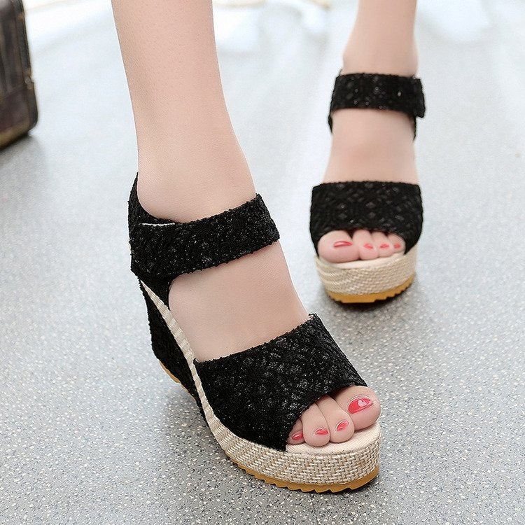 Damen nan sommerliche Keilabsatz Sandalen mit Bastsohle und verstellbarem Klettverschluss Echo Archiv
